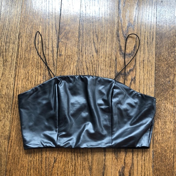Tops - Black Faux Leather Stretch Spaghetti Strap Tube Top Crop Top